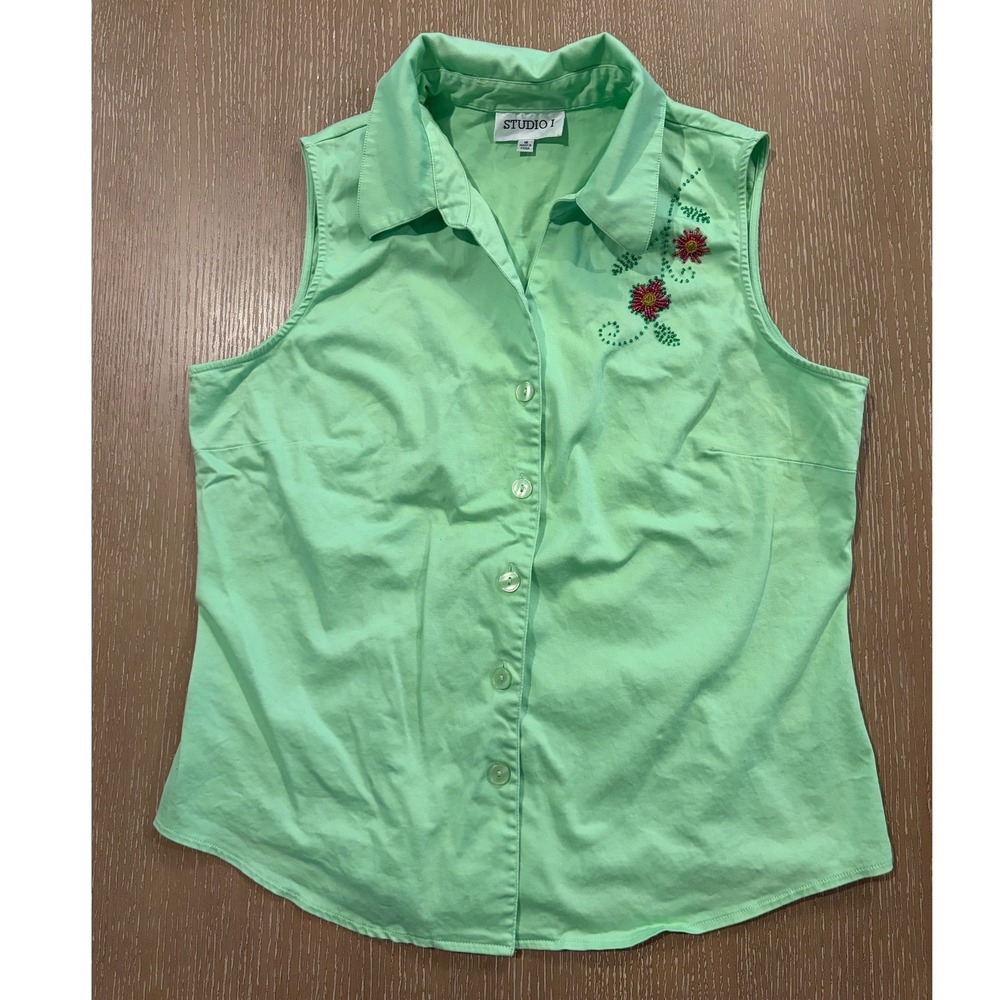 Studio I Womens Green Sleeveless Beaded Floral Button Down Blouse Top Size 16